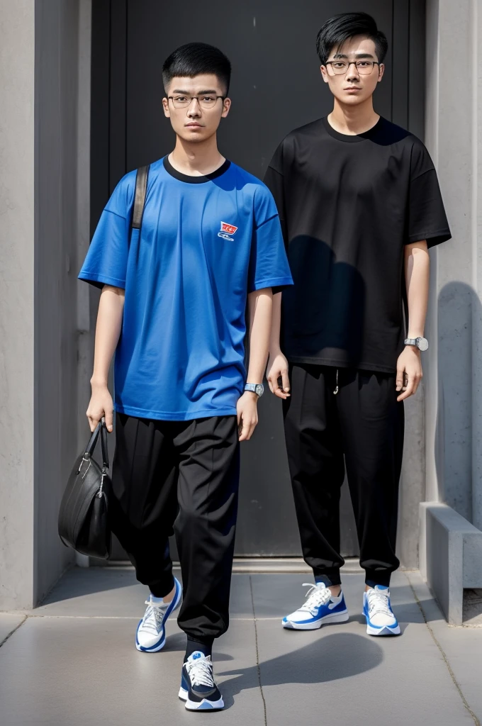 21 year old Beijing boy, he is wearing a oversize xxl blue plain t-shirt, he is wearing black trousers, he is wearing sneakers, he is wearing glasses, city, full body,  he is buzz cut Hair, foot, walking 