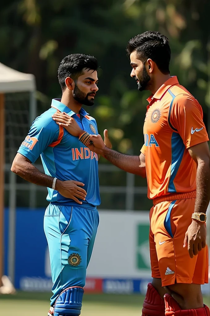 a teanage boy wearing indian  cricket team jersey name Rajan Editz number 07 showing his back and hand shake with Virat Kohli.