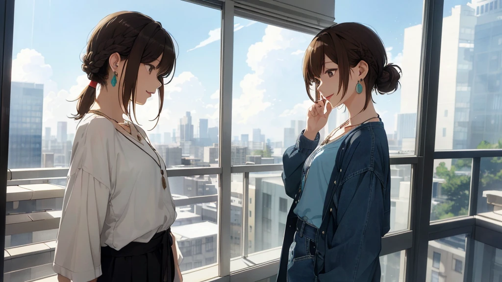 Standing on the balcony of a high-rise apartment building、Tower apartment building in the background、sunny、cumulonimbus、Downtown cityscape(Highest quality、masterpiece、High resolution)、(Sargent-style watercolor)、(Anime Art)、、((Right beside、Female Profile、))、(Detailed depiction of a beautiful face)、A kind smile、Medium Short Hair、Dark Brown Hair、Braiding、、
1 female(Highest quality:1.2)、Very detailed、High resolution、masterpiece:1,2、Bright colors、Bokeh、Professional Lighting、Physically Based Rendering、Flat Color:0.8、Great illustrations、Realistic:1.37、Makoto Shinkai style、Name Style、Light Brown Hair、Elegant update、Short Bob、、ダイナミックなポーズlip、cheek(Dark Brown Hair/)bangs、cheek(direction)、(最高masterpiece1.2)繊細なイラストVery detailed、Break Blue Sky、Detailed Background、Clench your teeth、Through clenched teeth、lip、cheek(Flat Color: 0.8)、(masterpiece: 1,2)、(masterpiece: 1,2)、High resolution、超High resolution、Highest quality、High resolution、Ultra-thin illustration、Makoto Shinkai style、Your name is style、Long Hair、Short Bob、necklace、Earrings、Selfie、whole body、Brown Hair、Braiding、Hair Bun、ponytail・Hair Bunスタイル、necklace、Valletta、ribbon、Earrings・アニキュア,。