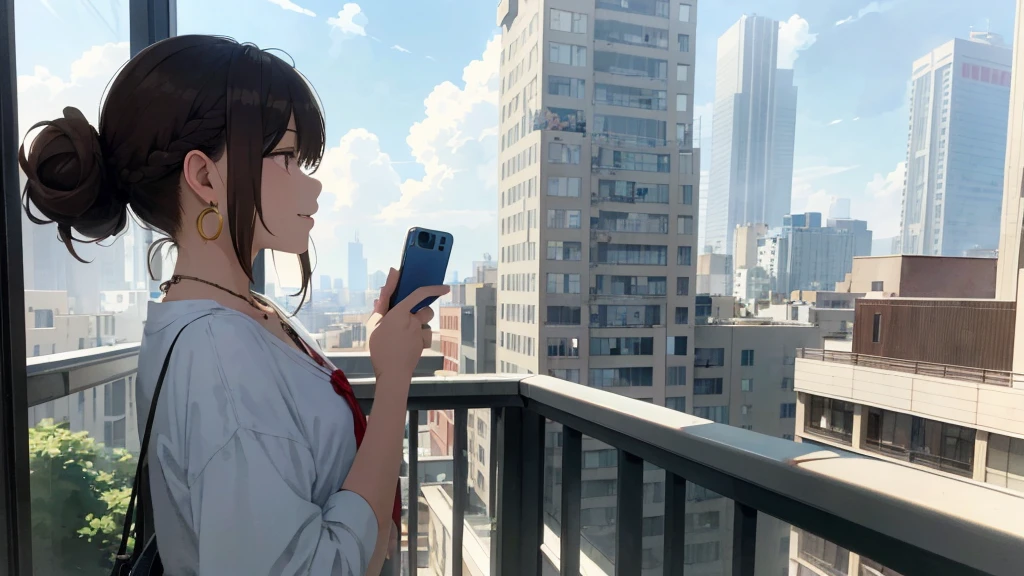 Standing on the balcony of a high-rise apartment building、Tower apartment building in the background、sunny、cumulonimbus、Downtown cityscape(Highest quality、masterpiece、High resolution)、(Sargent-style watercolor)、(Anime Art)、、((Right beside、Female Profile、))、(Detailed depiction of a beautiful face）、A kind smile、Medium Short Hair、Dark Brown Hair、Braiding、、
1 female(Highest quality:1.2)、Very detailed、High resolution、masterpiece:1,2、Bright colors、Bokeh、Professional Lighting、Physically Based Rendering、Flat Color:0.8、Great illustrations、Realistic:1.37、Makoto Shinkai style、Name Style、Light Brown Hair、Elegant update、Short Bob、、ダイナミックなポーズlip、cheek(Dark Brown Hair/)bangs、cheek(direction)、(最高masterpiece1.2)繊細なイラストVery detailed、Break Blue Sky、Detailed Background、Clench your teeth、Through clenched teeth、lip、cheek(Flat Color: 0.8)、(masterpiece: 1,2)、(masterpiece: 1,2)、High resolution、超High resolution、Highest quality、High resolution、Ultra-thin illustration、Makoto Shinkai style、Your name is style、Long Hair、Short Bob、necklace、Earrings、Selfie、whole body、Brown Hair、Braiding、Hair Bun、ponytail･Hair Bunスタイル、necklace、Valletta、ribbon、Earrings・アニキュア,。
