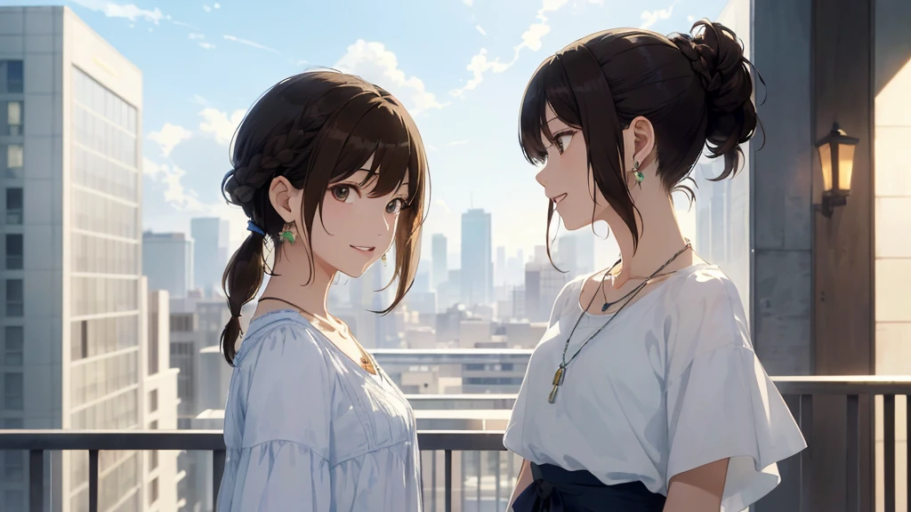 Standing on the balcony of a high-rise apartment building、Tower apartment building in the background、sunny、cumulonimbus、Downtown cityscape(Highest quality、masterpiece、High resolution)、(Sargent-style watercolor)、(Anime Art)、、((Right beside、Female Profile、))、(Detailed depiction of a beautiful face)、A kind smile、Medium Short Hair、Dark Brown Hair、Braiding、、
1 female(Highest quality:1.2)、Very detailed、High resolution、masterpiece:1,2、Bright colors、Bokeh、Professional Lighting、Physically Based Rendering、Flat Color:0.8、Great illustrations、Realistic:1.37、Makoto Shinkai style、Name Style、Light Brown Hair、Elegant update、Short Bob、、ダイナミックなポーズlip、cheek(Dark Brown Hair/)bangs、cheek(direction)、(最高masterpiece1.2)繊細なイラストVery detailed、Break Blue Sky、Detailed Background、Clench your teeth、Through clenched teeth、lip、cheek(Flat Color: 0.8)、(masterpiece: 1,2)、(masterpiece: 1,2)、High resolution、超High resolution、Highest quality、High resolution、Ultra-thin illustration、Makoto Shinkai style、Your name is style、Long Hair、Short Bob、necklace、Earrings、Selfie、whole body、Brown Hair、Braiding、Hair Bun、ponytail・Hair Bunスタイル、necklace、Valletta、ribbon、Earrings・アニキュア,。