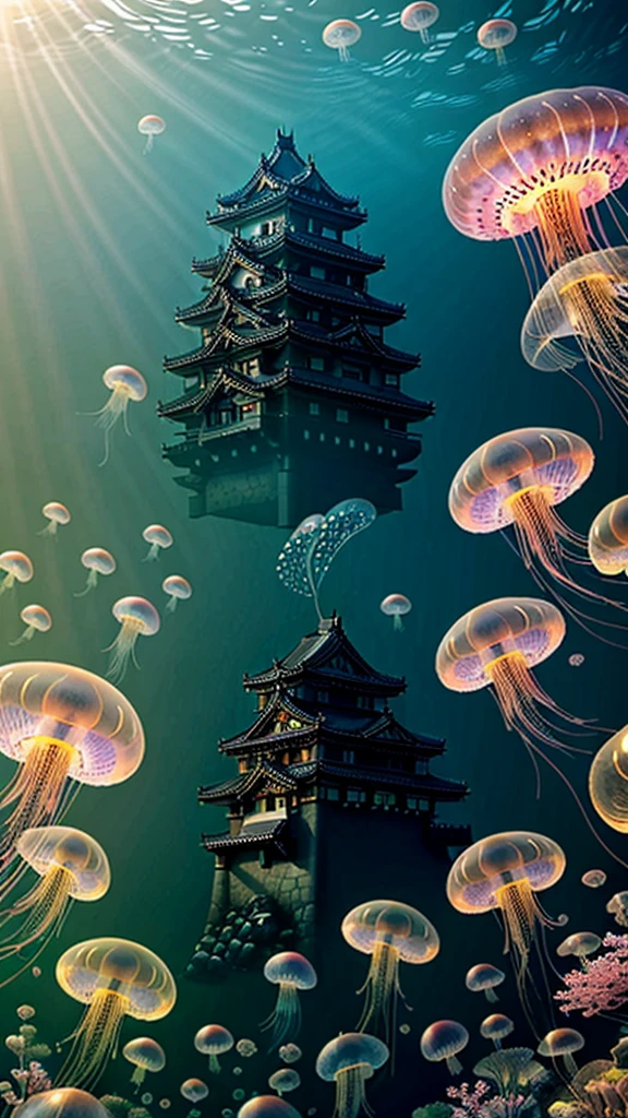 absolutelyresolution,ultradetaile,intricate(8K:1.3),CG,unity,2kwallpaper,absurdres,texture,Exquisite and beautiful backgrounds,(a group of jellyfish:1.2), (fish:1.2),(underwater image:1.5),(bubbles in the water:1.3),beautiful undersea landscape background,(a group of jellyfish:1.2), (fish:1.2),very wide shot,(character focus:1.4),full body,sakura trees, cherry blossoms,(detailed japanese castle:1.3),castle walls , traditional roofs, castle tower, castle gates,Fantasy、mysterious、It's like heaven