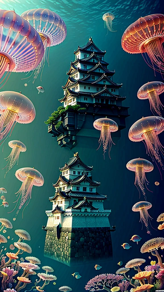 absolutelyresolution,ultradetaile,intricate(8K:1.3),CG,unity,2kwallpaper,absurdres,texture,Exquisite and beautiful backgrounds,(a group of jellyfish:1.2), (fish:1.2),(underwater image:1.5),(bubbles in the water:1.3),beautiful undersea landscape background,(a group of jellyfish:1.2), (fish:1.2),very wide shot,(character focus:1.4),full body,sakura trees, cherry blossoms,(detailed japanese castle:1.3),castle walls , traditional roofs, castle tower, castle gates,Fantasy、mysterious、It's like heaven
