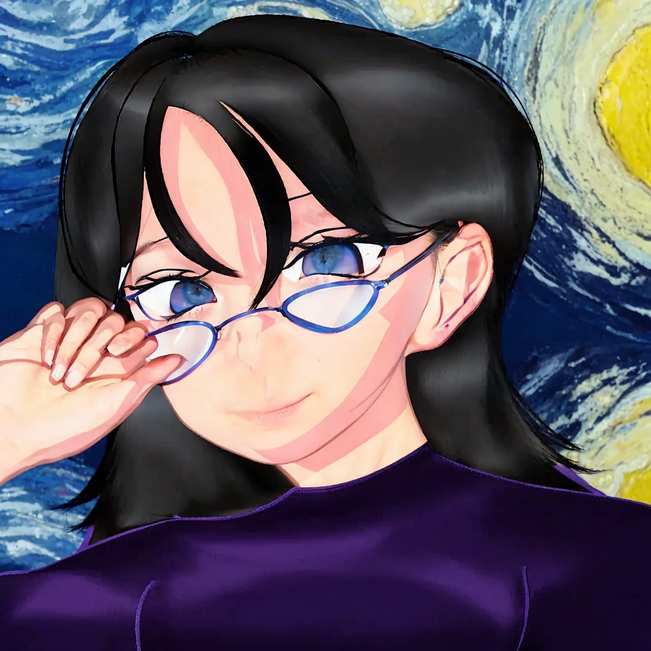 girl with wolfcut hair,wearing glasses,dark purple dress,lightskin,blue eyes