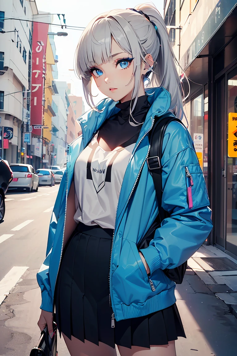 ((1 Girl)), Latest Fashion Trends, sing, looks fun, Slanted Eyes, headphone, rucksack, Put your hand in the pocket, Cowboy Shot, Colorful jacket, Street fashion,Stylish clothes, Medium Chest, ponytail, skirt,((Very detailed,Highest quality, High resolution, 8k wallpaper, Beautiful clothes,)),((Light grey hair, Shortcuts, ((Asymmetrical bangs)) ,(Bright Blue Eyes),eye shadow, eyeliner,Glowing Eyes, Very detailedな目, Complex eyes, Beautiful Eyes, 輝くBright Blue Eyes、18-year-old girl