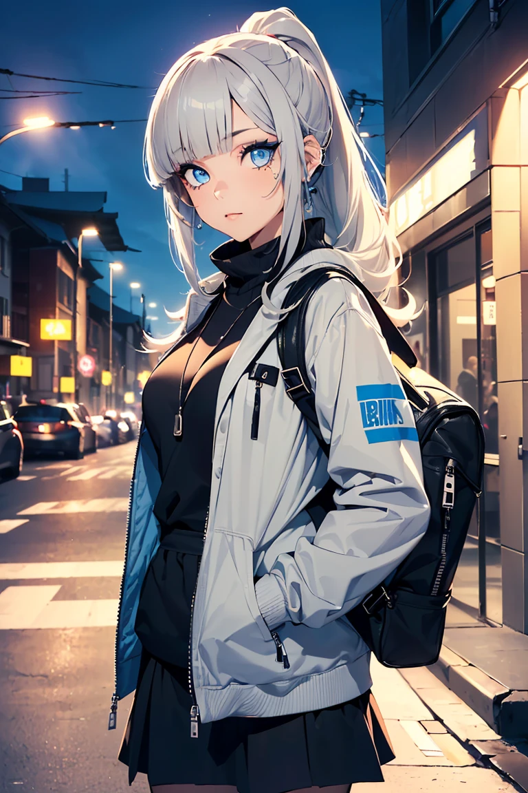 ((1 Girl)), Latest Fashion Trends, sing, looks fun, Slanted Eyes, headphone, rucksack, Put your hand in the pocket, Cowboy Shot, Colorful jacket, Street fashion,Stylish clothes, Medium Chest, ponytail, skirt,((Very detailed,Highest quality, High resolution, 8k wallpaper, Beautiful clothes,)),((Light grey hair, Shortcuts, ((Asymmetrical bangs)) ,(Bright Blue Eyes),eye shadow, eyeliner,Glowing Eyes, Very detailedな目, Complex eyes, Beautiful Eyes, 輝くBright Blue Eyes、18-year-old girl
