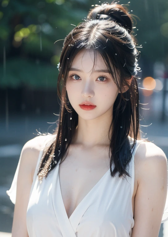 (((Upper body shot,Close-up photo)))、(((long hair,Bun hairstyle)))、(((Rainy Day,get wet)))、(((White summer chiffon shirt,get wet雪紡衫)))、18 years old、angry、girl、Plump breasts、Point on chest、Penetrating breasts、Showing nipples、Light eye makeup、Ultra-realistic faces、High resolution 16K、Skin texture must be natural、Use natural light and color、 High-quality photos taken by model agencies.