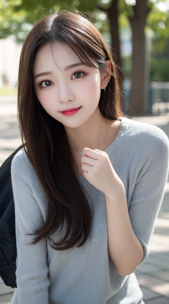 Tabletop, Highest quality, shape, Very detailed, finely, High resolution, 8k wallpaper, 完璧なダイナミックな構shape, Beautiful and exquisite,ランダムなcute髪,,Natural color lip、20-year-old girl、cute、Looking into the camera,Always blur the background,Perfect and beautiful face,Slim face and figure,Big eyes、Putting on gal makeup,Small face,Shooting from below、Blurred Background,Elegant feminine face、Cyberpunk Fashion、smile、Change pose randomly、Randomly change the shooting angle and position、Playing in the park