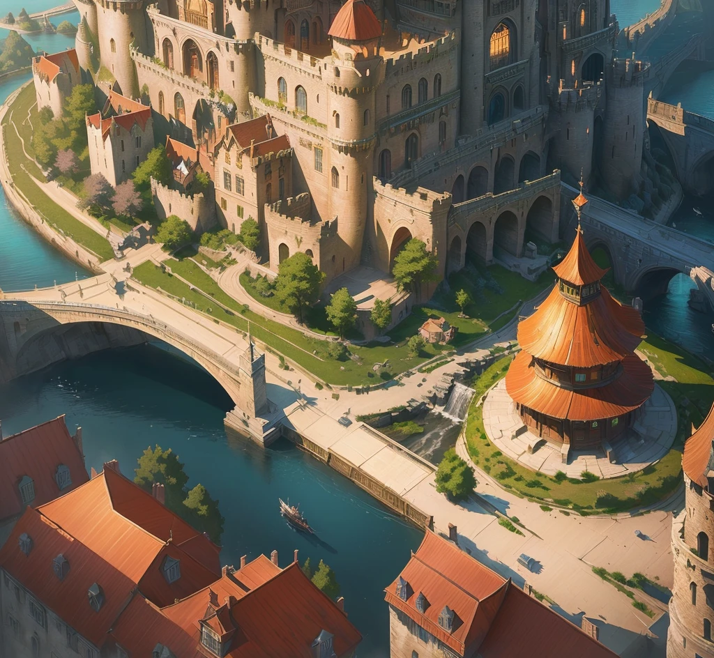 castle,Realism,Magic style,A bridge and a river, Background of Fuxing Port City, Andreas Rocha style, Fantasy City, Beautiful 3D concept art, Medieval city, inspired by Raphael Lacoste (Raphael Lacoste), highly realistic concept art, Estilo de Raphael Lacoste, Detailed 4k concept art, Detailed scenery
