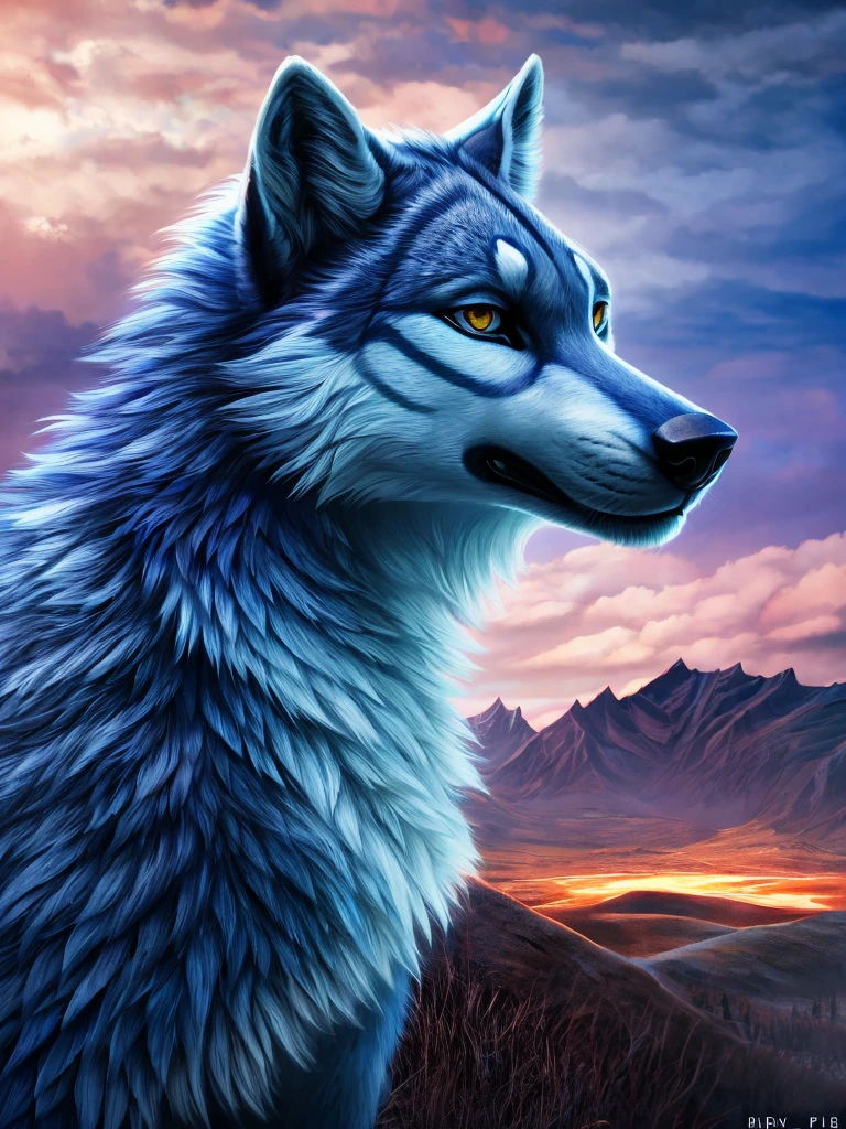 Surreal, 32K, Portrait of a Russian wolf, Capture every pore and texture with a delicate texture and form, A huge and mysterious wild wolf, Covered in blue and white stripes,A stark contrast to the surrounding landscape,The background is a wide sky, Dream scenes built with Unreal Engine 5, Stunning visuals