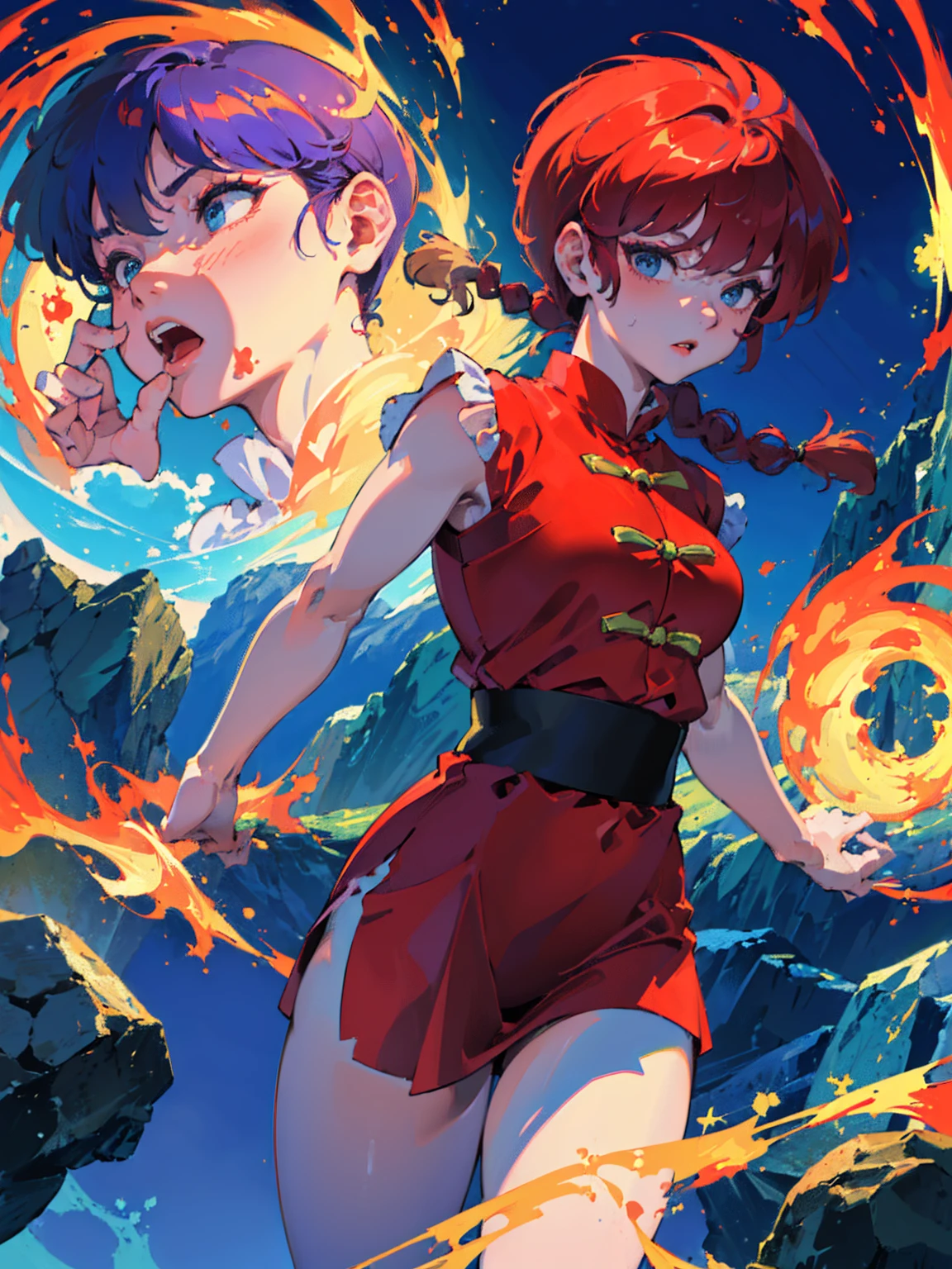 ((masterpiece:1.4)), expensive quality, very_expensive_solve, big_file size, Full Color, Thick outline, Clear contours, colorful, (Beautiful fine details, Are thin:1.4), ((Beautiful Face:1.0)), ((Boyish face:1.4)), 1 girl:1.4, (Ranma), (Redhead), short hair, (Braided Ponytail), ((bangs)), bumpy bangs, Blue-gray eyes, Big Breasts, Curvy, Ranma, Braided Ponytail, (Red Chinese Clothing, Short sleeves in red), No sleeve, Tangzhuang, (Black trousers), , Tangzhuang, (Black trousers), Are standing, ((, Are thin:1.4)), ((from the front:1.4)), Are thin:1.4
