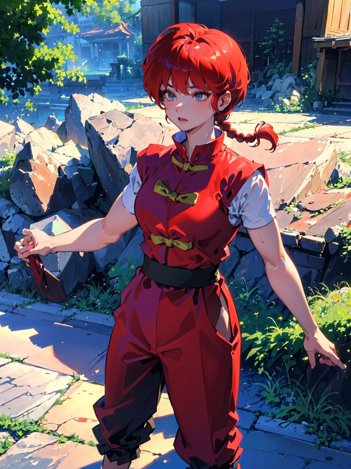 ((masterpiece:1.4)), expensive quality, very_expensive_solve, big_file size, Full Color, Thick outline, Clear contours, colorful, (Beautiful fine details, Are thin:1.4), ((Beautiful Face:1.0)), ((Boyish face:1.4)), 1 girl:1.4, (Ranma), (Redhead), short hair, (Braided Ponytail), ((bangs)), bumpy bangs, Blue-gray eyes, Big Breasts, Curvy, Ranma, Braided Ponytail, (Red Chinese Clothing, Short sleeves in red), No sleeve, Tangzhuang, (Black trousers), , Tangzhuang, (Black trousers), Are standing, ((, Are thin:1.4)), ((from the front:1.4)), Are thin:1.4