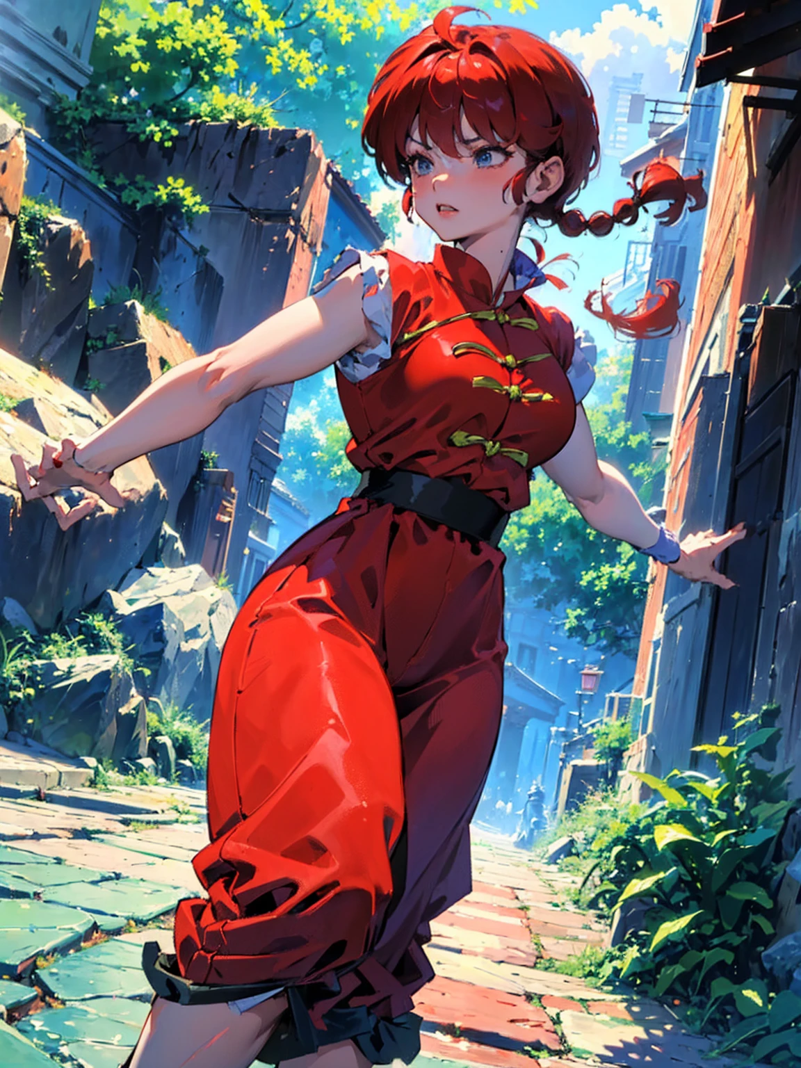 ((masterpiece:1.4)), expensive quality, very_expensive_solve, big_file size, Full Color, Thick outline, Clear contours, colorful, (Beautiful fine details, Are thin:1.4), ((Beautiful Face:1.0)), ((Boyish face:1.4)), 1 girl:1.4, (Ranma), (Redhead), short hair, (Braided Ponytail), ((bangs)), bumpy bangs, Blue-gray eyes, Big Breasts, Curvy, Ranma, Braided Ponytail, (Red Chinese Clothing, Short sleeves in red), No sleeve, Tangzhuang, (Black trousers), , Tangzhuang, (Black trousers), Are standing, ((, Are thin:1.4)), ((from the front:1.4)), Are thin:1.4