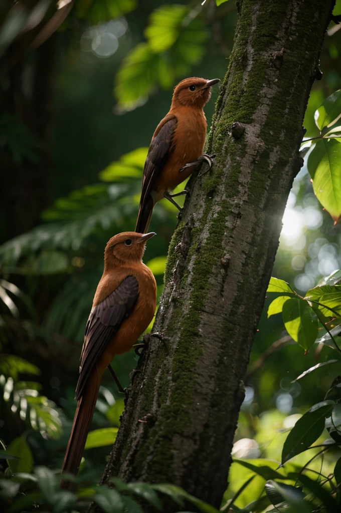 RAW photo, an award-winning National Geographic style HD photograph featuring the untamed beauty of the tropical rainforest. It's just after a rain shower at dusk, the orange-purple hues of twilight permeating the scene, casting long, dramatic shadows and creating a soft, diffused light that gives the landscape an almost ethereal feel. Taken using a Sony Alpha 1 with a 50mm f/1.8 lens, f/11 aperture, shutter speed 1/200s, ISO 100, This stunning image is rendered in insanely high resolution, realistic, 8k, HD, HDR, XDR, focus + sharpen + wide-angle 8K resolution + HDR10 Ken Burns effect + Adobe Lightroom + rule-of-thirds + high-detailed leaves + high-detailed bark + high-detailed feathers. An added touch of depth-of-field effect, lens flare, and digital negative are used to enhance the visual appeal. --ar 2:1