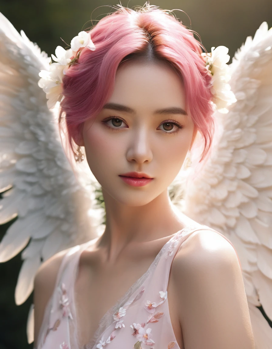 A C-cup woman with pink hair and angel wings wearing an elegant chiffon blouse with a floral pattern is posing for a photo, 8K high quality detailed art, of an beautiful Angel Girl, beautiful Angel Girl portrait, Cute realistic portrait, portrait of a Beautiful angel, Beautiful angel, Angel Girl, of Beautiful angel, Gweiz-style artwork, Realistic Digital Art 4k, Realistic Digital Art 4k
