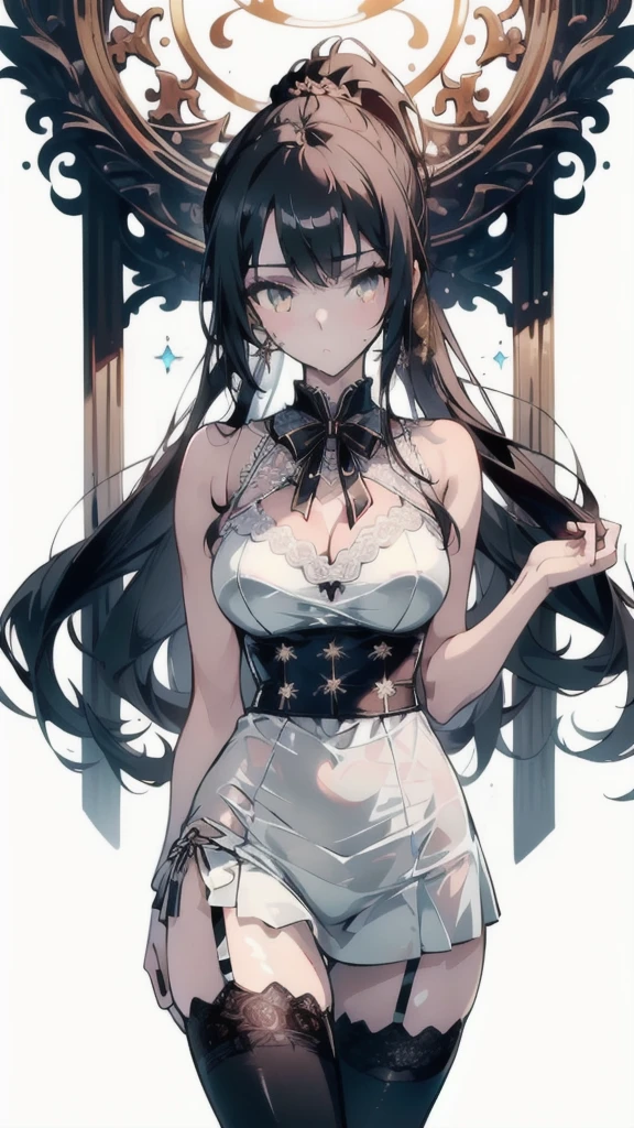 ((masterpiece, best quality)), Delicate face,Witch,Witch帽,whole body,Long legs,Large Breasts,Gradient double ponytail hairstyle,Perfect body proportions,Pretty golden eyes,Extremely beautiful,transparent, Pure white background,Erotic_lingerie,sexly_比基尼,Lace,Garter stockings