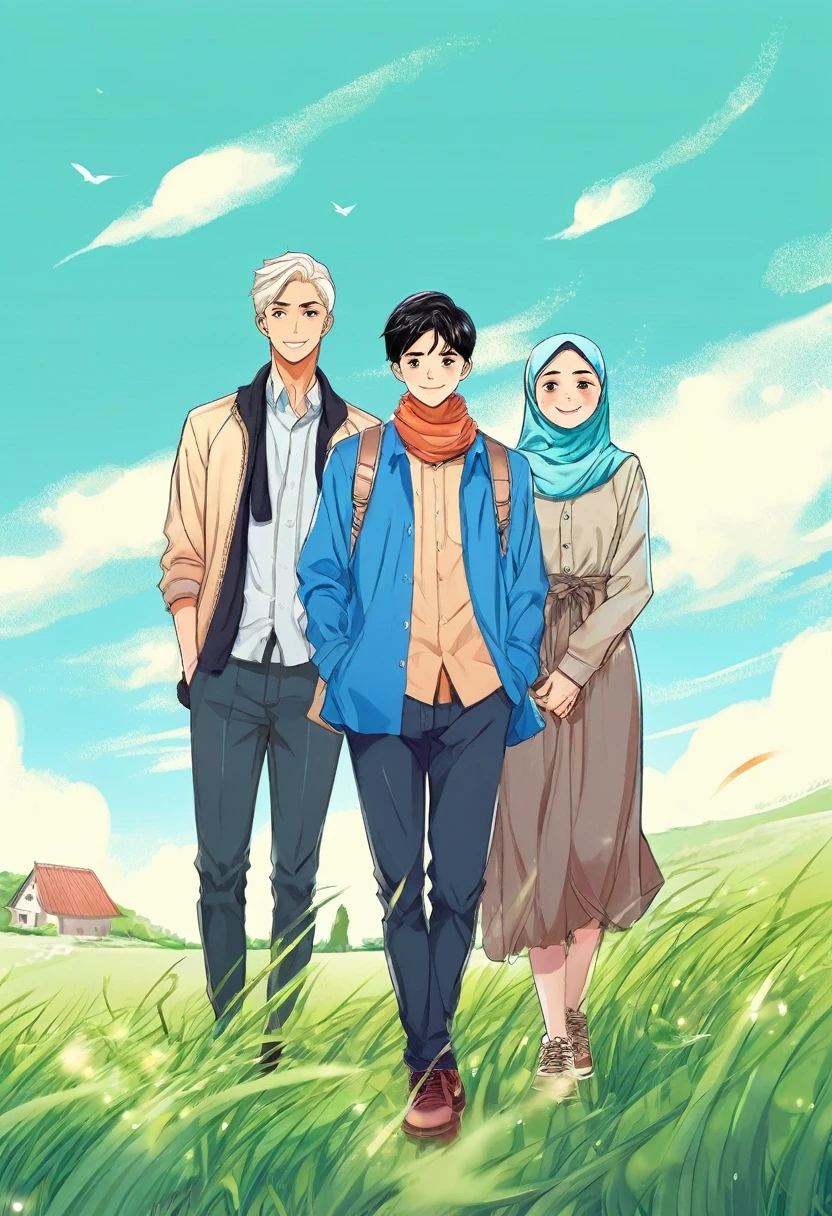 ove triangel, one beautiful hijab woman, and two handsome men in casual shirt, under the blue sky and green grassland, manga style,