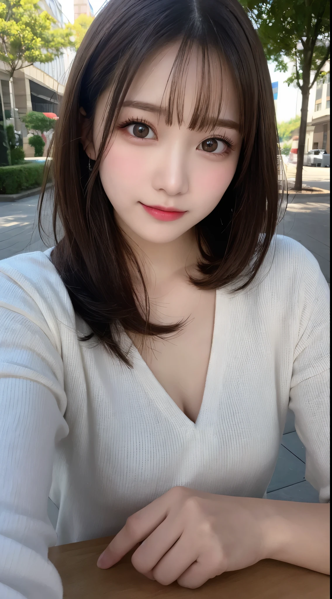 Tabletop, Highest quality, shape, Very detailed, finely, High resolution, 8k wallpaper, 完璧なダイナミックな構shape, Beautiful and exquisite,ランダムなcute髪,,Natural color lip、20-year-old girl、cute、Looking into the camera,Always blur the background,Perfect and beautiful face,Slim face and figure,Big eyes、Putting on gal makeup,Small face,Shooting from below、Blurred Background,Elegant feminine face、Cyberpunk Fashion、smile、Change pose randomly、Randomly change the shooting angle and position、Playing in the park