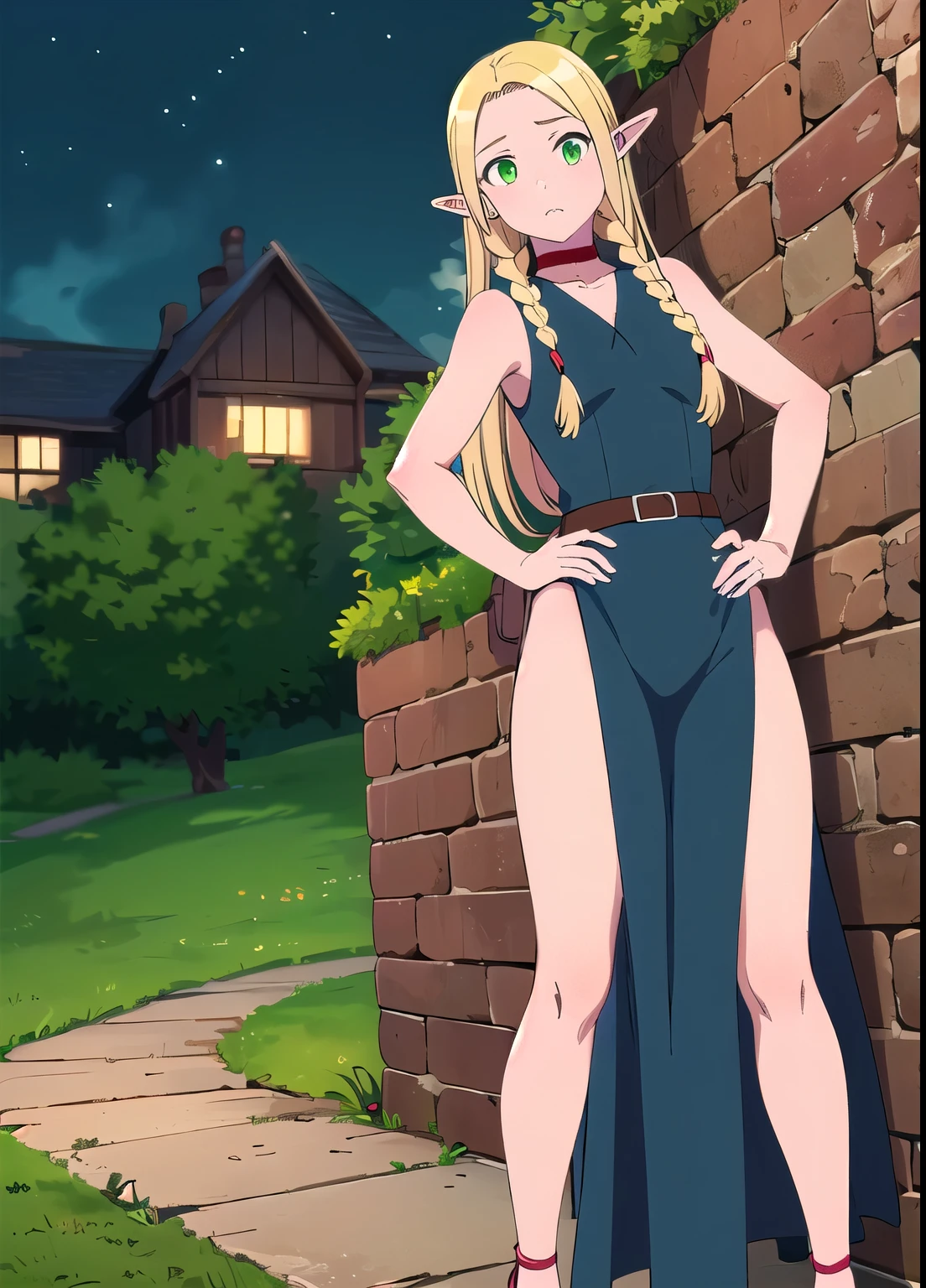 ((best quality)), ((highly detailed)), (masterpiece),  (1girl), (Marcille Donato DungeonMeshi), blonde hair, long hair, twin braids, elf, pointy ears, green eyes, red choker, standing, hand on hip, (green evening dress), (sleeveless), (deep slit), (black high-heels), night, neon lights, Outdoor 