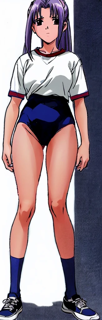 Momoko Koigakubo, a tall girl with beautiful legs, is standing with her legs spread to the sides in a white gym uniform and light navy blue bloomers that look like panties.。Momoko Koigakubo is doing the Komaneci pose with both hands。