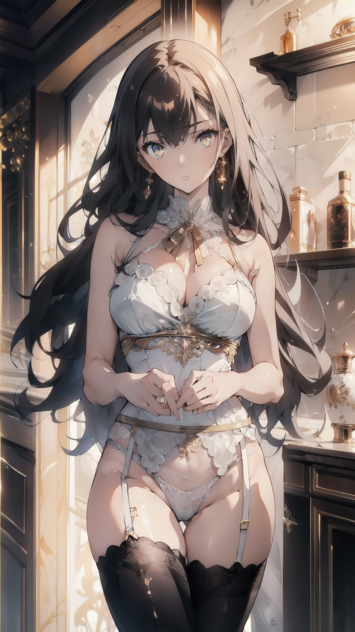 ((masterpiece, best quality)), Delicate face，Witch，Witch帽，whole body，Long legs，Large Breasts，Gradient long wavy hair，Perfect body proportions，Pretty golden eyes，Extremely beautiful，transparent， Pure white background，Erotic_lingerie，sexly_比基尼，Lace，Garter stockings