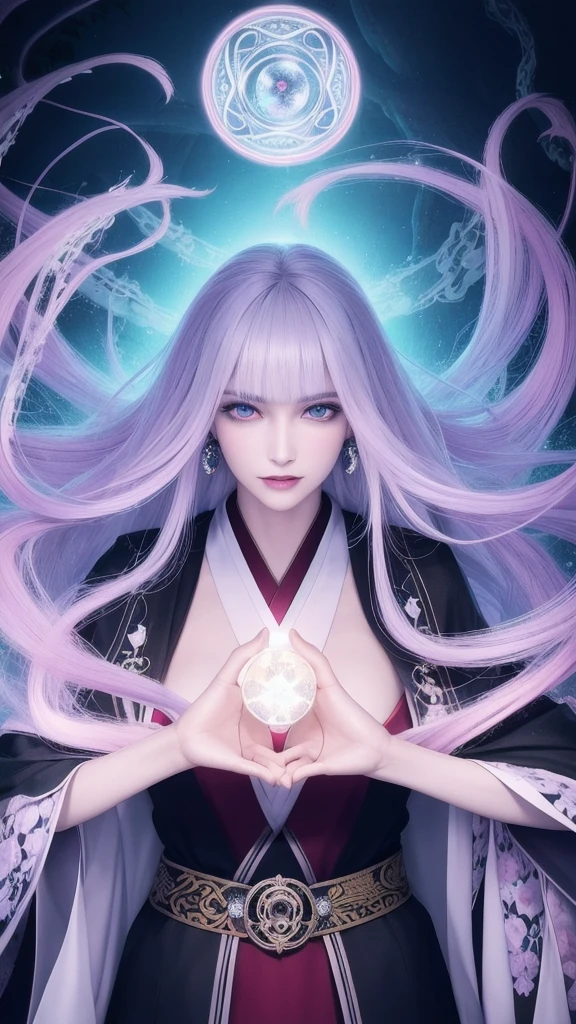 (masterpiece, top quality, 1 female, solo, exquisite details, chromatic aberration), (realistic), (skin), ((breathing)), (silver hair, trimmed bangs, trimmed straight long hair, short trimmed bangs, silver hair), beautiful hair, red headdress, blue highlights, hair on one eye, purple eyes, thick lips, earrings, friendly eyes, ((pink and white kimono)), ((symmetrical eyes)), ((perfectly symmetrical body)), ((perfectly symmetrical hands)), (purerosface_v1:0.3), night, ((( Self, Natural Light))), Lit Up, Bright Glamorous Lighting, Front View of the Viewer, ((Central Shot, From the Front, (Face and Waist))), Mystical Ambience, Fortune Teller in Kimono, Beautiful Fortune Teller, Fortune Teller, Fantasy Female Fortune Teller, Female Fortune Teller, Fantasy Photography, Magician, Witch Fairy Tale, Japanese Style, Elegant Cinematic Fantasy Art, Fantasy Woman, Portrait of Magician, Casting a Spell, Fortune Teller, A powerful wizard stands in a mysterious forest. With flowing robes adorned with symbols, outstretched arms, eyes glowing with mystical energy, spells leaking from his mouth, vibrant swirling patterns of black magic pulsating in hues of red and blue appear in the air. Magic permeates, flowers bloom, and sacred creatures gaze in awe. Threads of magical energy dance, revealing hidden realms and unravelling secrets. Capture the essence of this enchanting moment and bring to life the mysterious power of black magic on a canvas of the highest quality and finest detail. Top Quality, Masterpiece, Ultra High Resolution, (Photorealistic: 1.4), RAW Photo, Sharp Focus, High Resolution, Detailed Skin, .