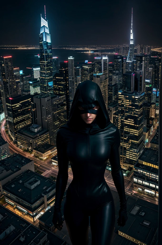 A bustling cityscape at night with skyscrapers illuminated against the dark sky. A mysterious figure in a sleek black costume, the Shadow, moves swiftly across the rooftops, leaving a trail of shadows behind.