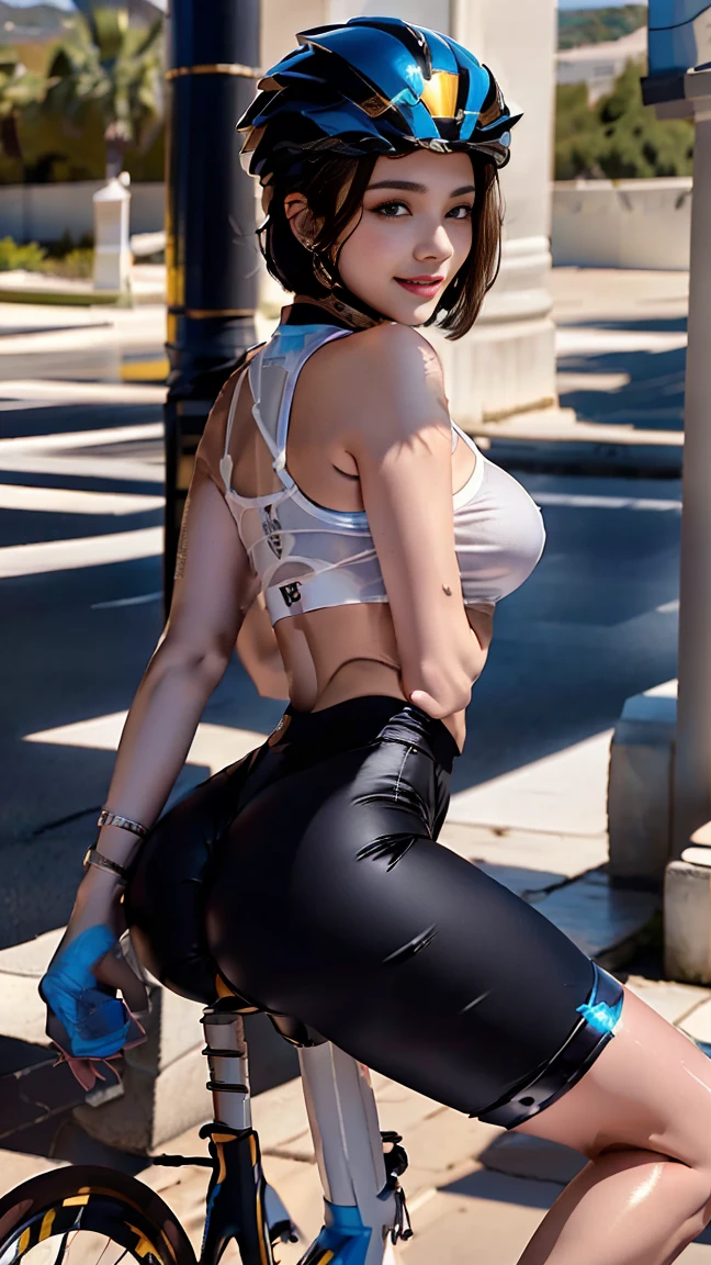 (8K、ultra high resolution、highest quality、masterpiece、realistic、ultra high resolution:1.2)、High-definition RAW color photo、professional photos、 (whole body:0.8)、(realistic、photo realistic、motion blur:1.2)、(big breasts、Always have a firm butt、beautiful butt、big ass、toned body:1.2)、((Always colorful and very shiny mountain bike racing uniform、A beautiful female cyclist who always rides her bicycle dynamically:1.3))(Straddle the saddle(saddle with white dildo、insert white dildo in pussy) Bright colors、vivid lighting、scenic downtown:1.2)(natural skin texture、fine skin、hyper realism、intricate details、Depth of the bounds written、adult woman、(masterpiece、highest quality、high detail))、smile happily、Big eyes、Clear double eyelids、perfect face、small face(look at the viewer、eye highlights、lip glosust have short black bob、Helmet)