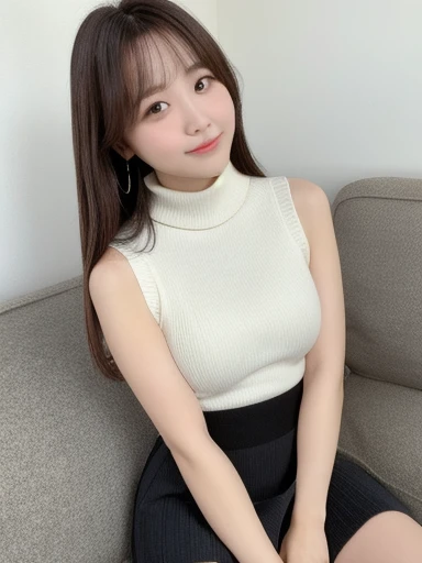 Girl taking selfie、((Ivory sleeveless knit、High neck、Black tight skirt)),Tabletop, Highest quality, Realistic, In detail, Textured skin、realism、High resolution, Perfect dynamic composition, Beautiful big eyes:1.2,Droopy eyes、Small Nose、 Long Hair, Straight hair、Brown Hair、Big ample breasts, Random sexy poses,Chest to chest、(Breast swelling 1.2)、smile、shut up.、Sit on the sofa、22 years old、(Droopy eyes 1.4)、Baby Face、Japanese、pretty girl
