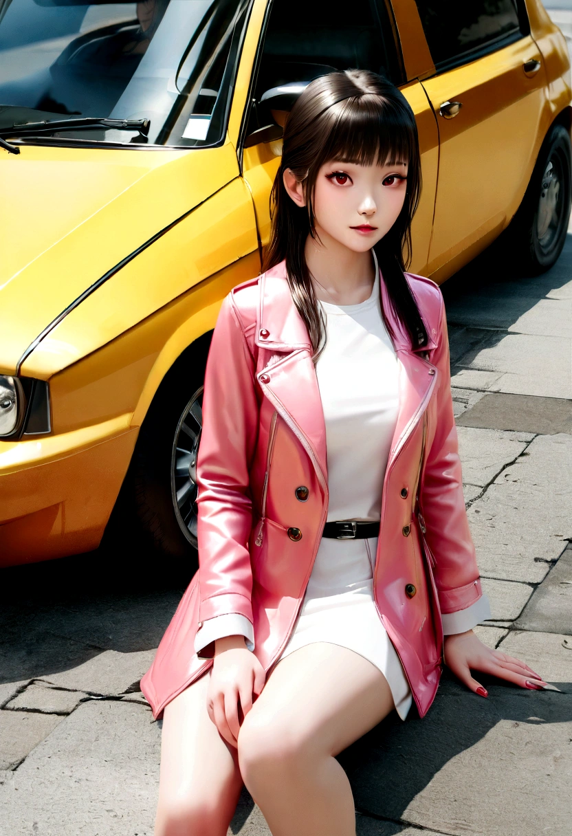 Arafe wearing a pink jacket and sitting on the ground next to the car, a photorealistic painting inspired by Sim Sa-jeong, CG Social Trends, Photorealism, Realistic anime 3D style, Photorealistic Animeの女の子のレンダリング, Korean Girls, Gorgeous Young Korean Woman, Real life anime girls, Beautiful Korean Women, Photorealistic art style, Photorealistic Anime