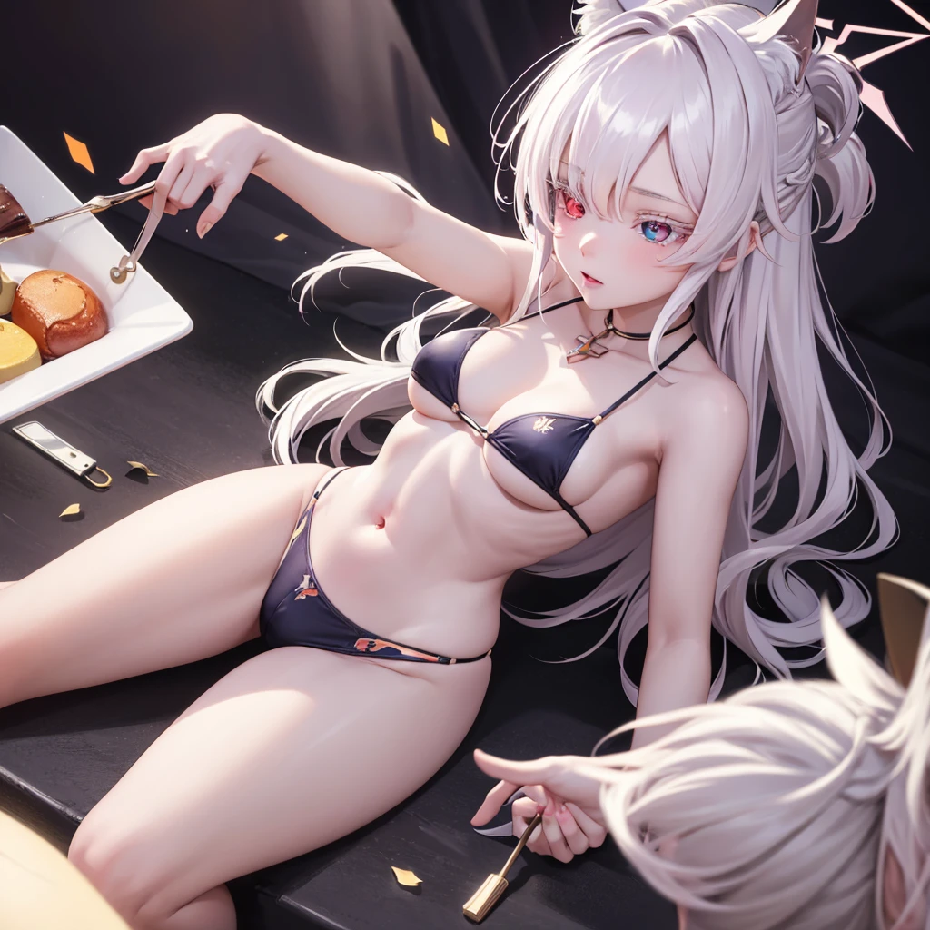 {{masterpiece}}, best quality, extremely detailed CG unity 8k wallpaper, cinematic lighting, lens flare, beautiful detail eyes, black,  side glance,  multicolor short white hair, colorful light, particles, heterochromia, (colorful:1.5), (colorful hair:1.5), Sexy bikini, bikini armor, wings on back,