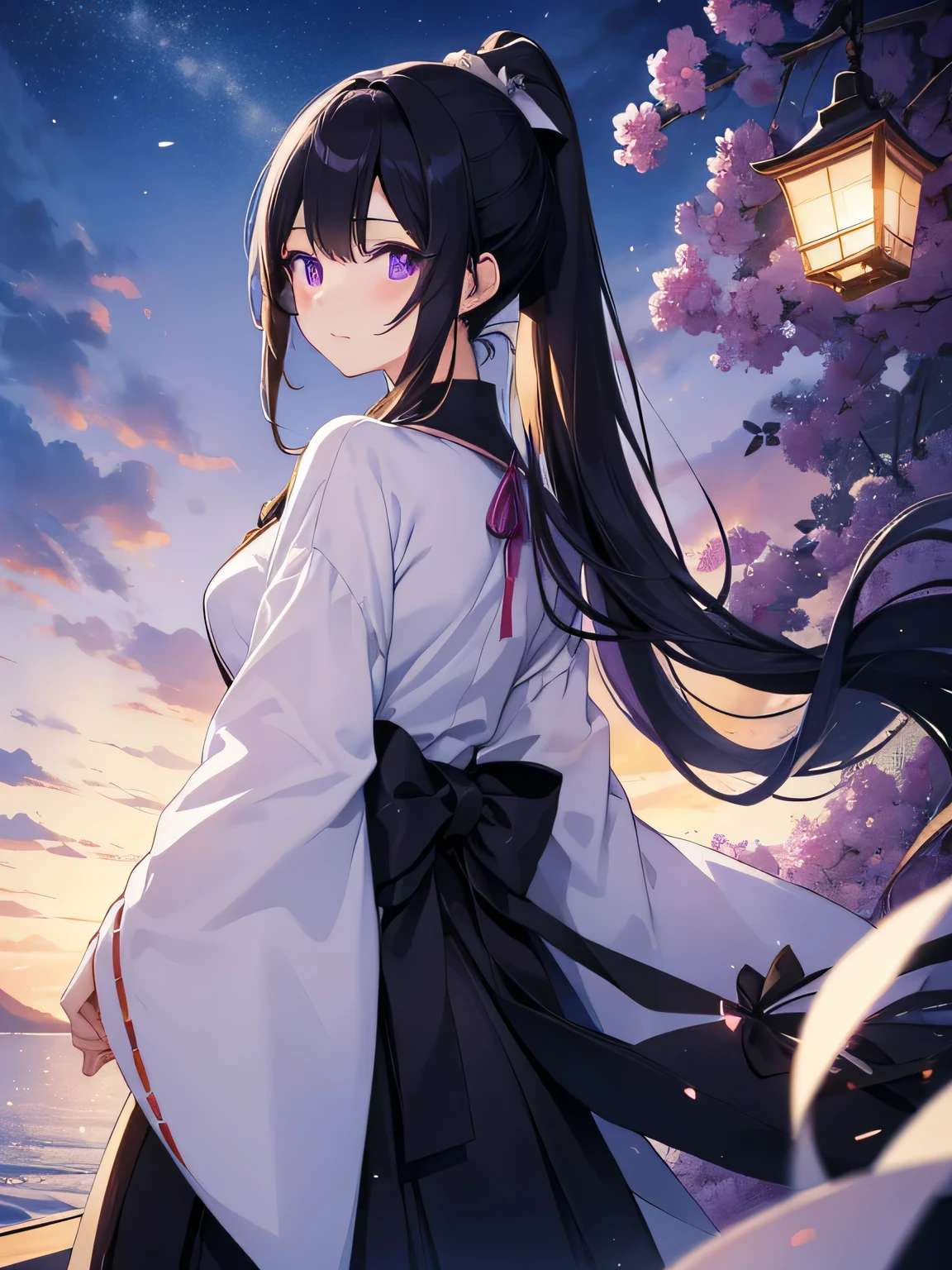Beautiful illustrations、Highest quality、(Beautiful eyes)、Yamato Nadeshiko、Japanese、Cute girl、Black Hair、(Light blue high-leg retard)、Very Long Hair、ponytail、Purple Eyes、White ribbon on the back of the head、(Facing forward)、Are standing