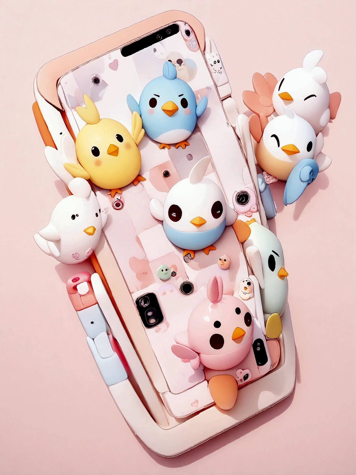 （Toy product design）(((Toy mobile phone))), (((Super cute Takumi bird appearance))), ??Toy mobile phone,Cute styling， High-definition realism,  High-resolution images,Solid color background