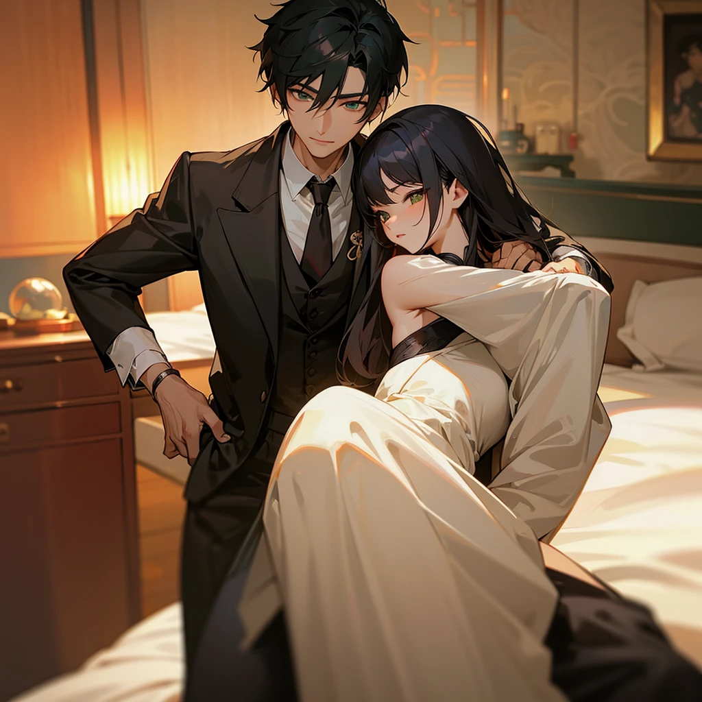 sciencer psihology from Beijing Tao chinese (asian) hot handsome man black hair with brown eyes  and his wife french (european) hot sexy nude woman french detective Mirette black hair with green eyes in bedroom