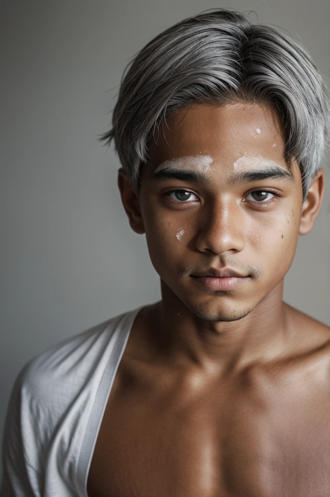 Young gray haired boy, grey eyes, He has Vitiligo and his skin is dark.