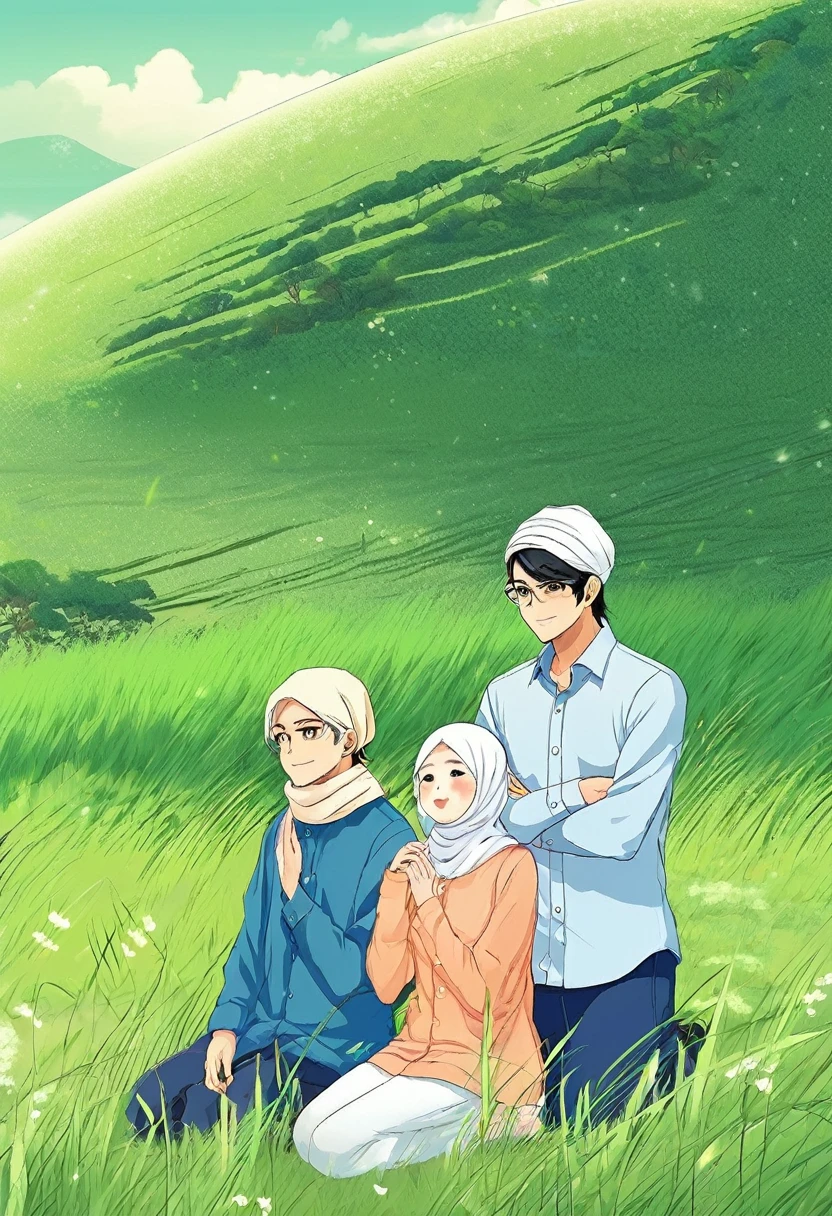 love triangel, one beautiful hijab woman, and two handsome men in casual shirt, under the blue sky and green grassland, manga style,