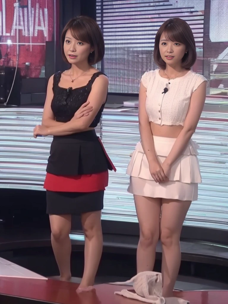 1 Beautiful Woman, announcer, squat, (((Show panties in a skirt))), during a news program, Cowboy Shot