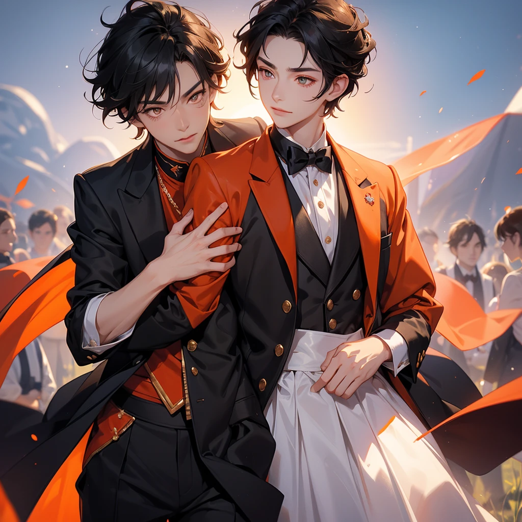 1 boy, 18 years old, short hair, black hair, wear a prince crown, orange eyes, lightly tanned skin, a red prince tuxedo, mischievous smirk, background in a field under the blue sky