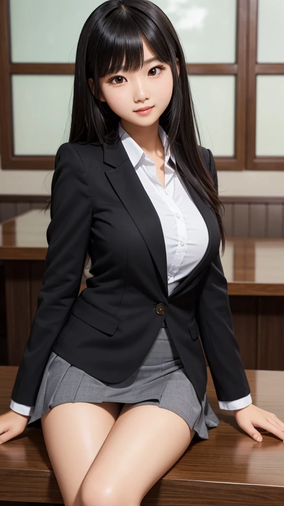 ((high quality)), ((Tabletop)), (Detailed face), (highlight), Asian Girl、Big breasts、thigh、Black Hair、Heavy bangs、high school girl、skirt、blazer、