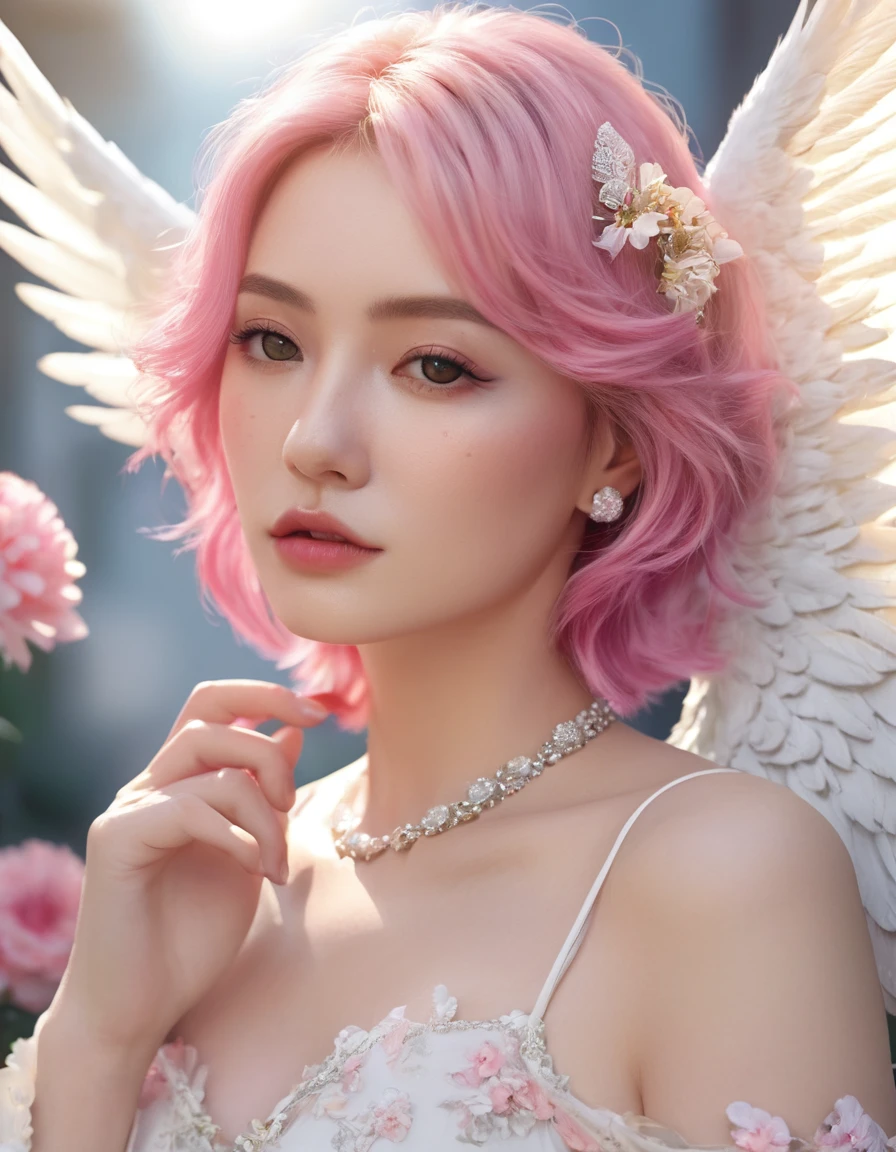 Busty woman with pink hair and angel wings wearing elegant chiffon blouse with floral pattern posing for a photo, 8K high quality detailed art, of an beautiful Angel Girl, beautiful Angel Girl portrait, Cute realistic portrait, portrait of a Beautiful angel, Beautiful angel, Angel Girl, of Beautiful angel, Gweiz-style artwork, Realistic Digital Art 4k, Realistic Digital Art 4k