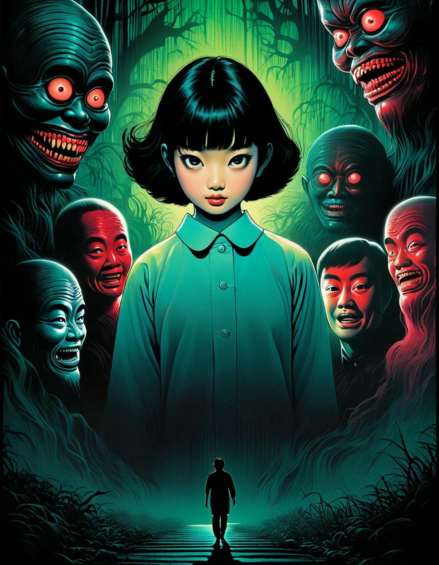 An illustration、art、60s Thai horror movie poster, Supervised by Junji Ito、High detail, Realistic shadows、Analog Style, chromatic aberration, Surrealism、Complementary Gradient