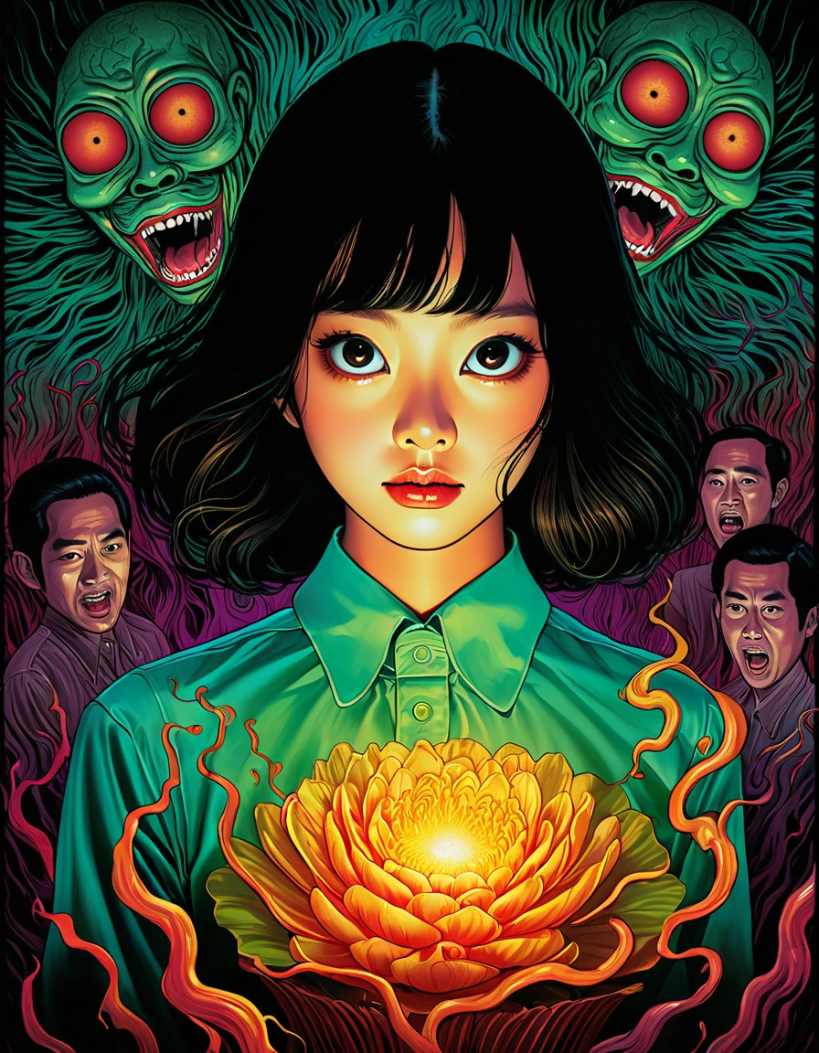 An illustration、art、70s Thai horror movie poster, Supervised by Junji Ito、High detail, Realistic shadows、Analog Style, chromatic aberration, Surrealism、Complementary Gradient