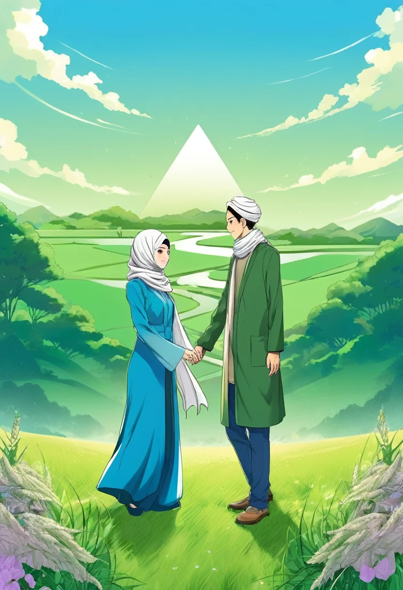 hijab woman between two men, love triangel,under the blue sky and green grassland, manga style,