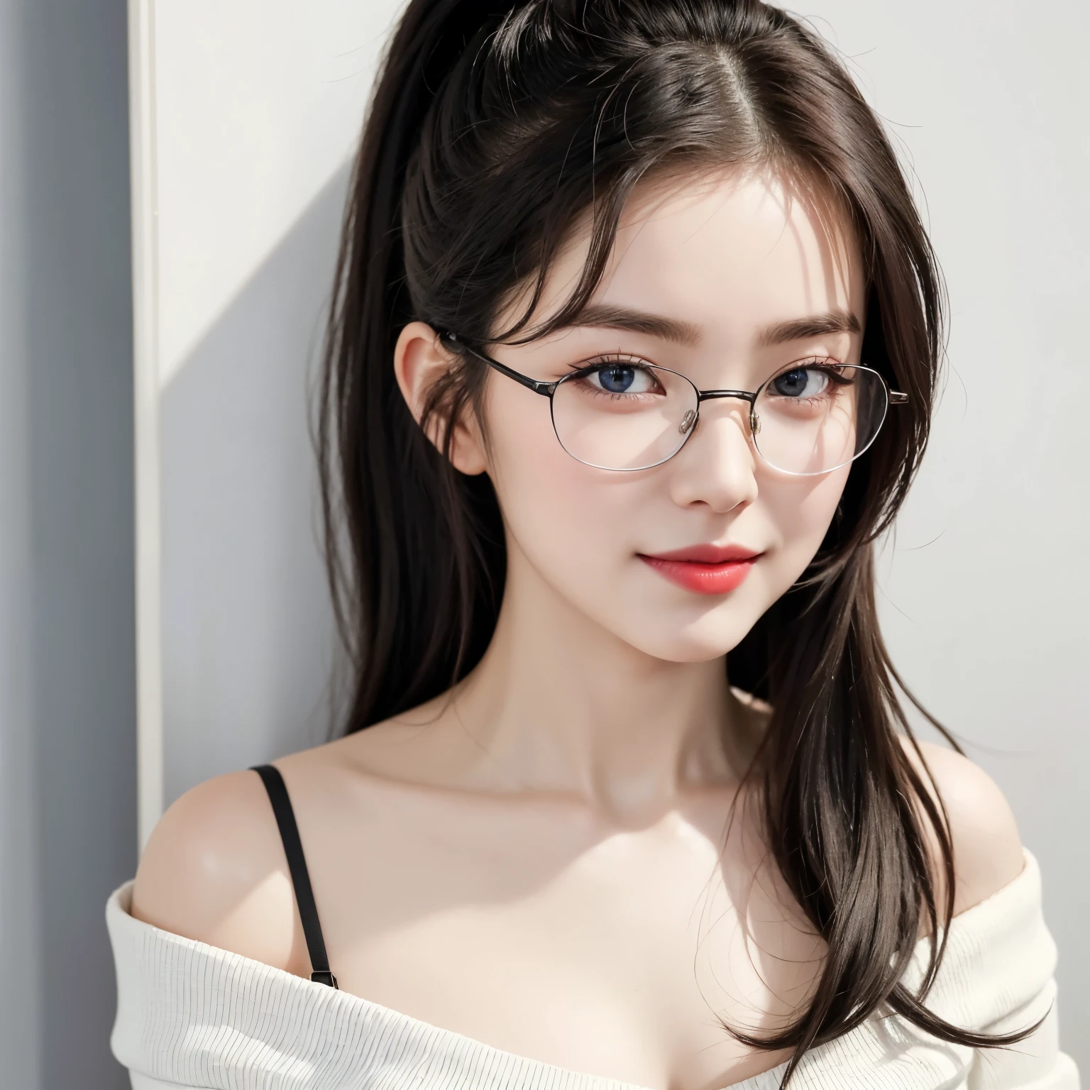 (8k, RAW, Photorealistic: 1.25), (Lip Gloss, Eyelashes, Tear Bags, Crisp Bangs, Glossy Face, Glossy Skin, Best Quality, Ultra High Resolution, Depth of Field, Chromatic Aberration, Caustics, Wide Lighting, Natural Shading, Kpop Idol) glasses, calm, black hair, long hair, smile, piece