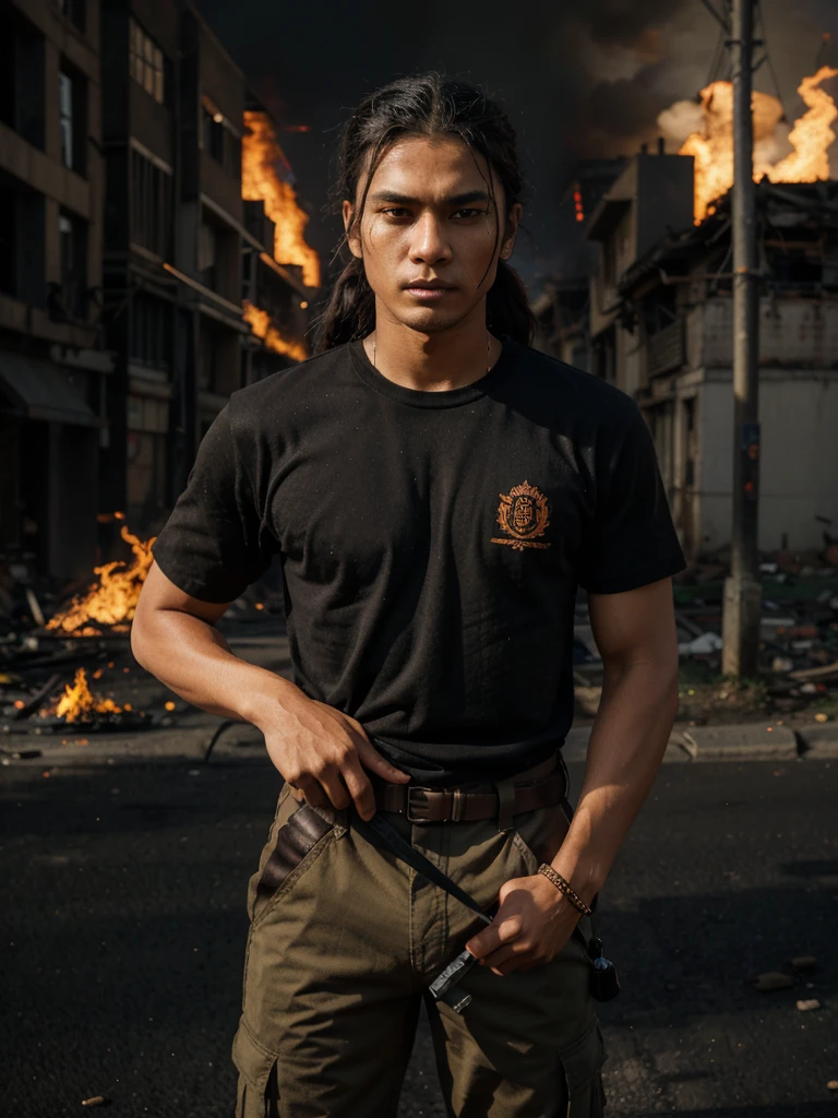 An Indonesian male model with an edgy style, black curly long hair pulled into a ponytail, wearing a plain black shirt, the word "LOGIKA" on the shirt and khaki colored cargo pants, khaki army boots. He sat holding a sword in the middle of a burning and destroyed street. The background shows burning buildings with blazing flames, creating an apocalyptic atmosphere. Dramatic lighting illuminates her face while the flames illuminate the background, providing a strong contrast. His expression is intense and serious, looking directly at the camera.