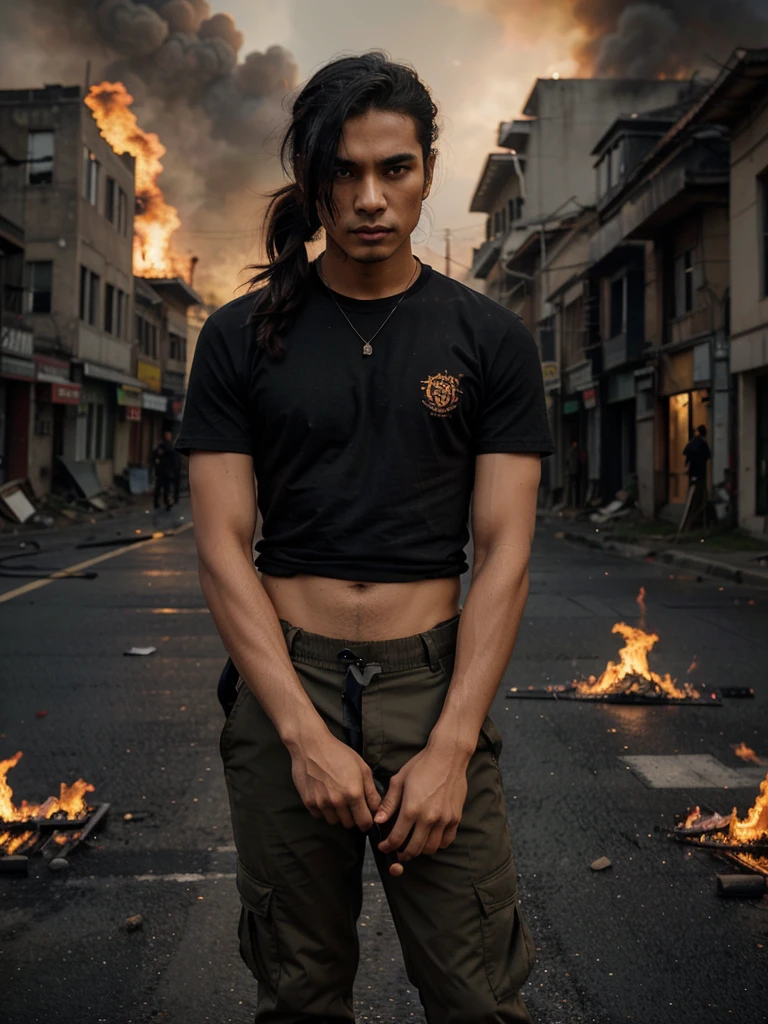 An Indonesian male model with an edgy style, black curly long hair pulled into a ponytail, wearing a plain black shirt, the word "LOGIKA" on the shirt and khaki colored cargo pants, khaki army boots. He sat holding a sword in the middle of a burning and destroyed street. The background shows burning buildings with blazing flames, creating an apocalyptic atmosphere. Dramatic lighting illuminates her face while the flames illuminate the background, providing a strong contrast. His expression is intense and serious, looking directly at the camera.