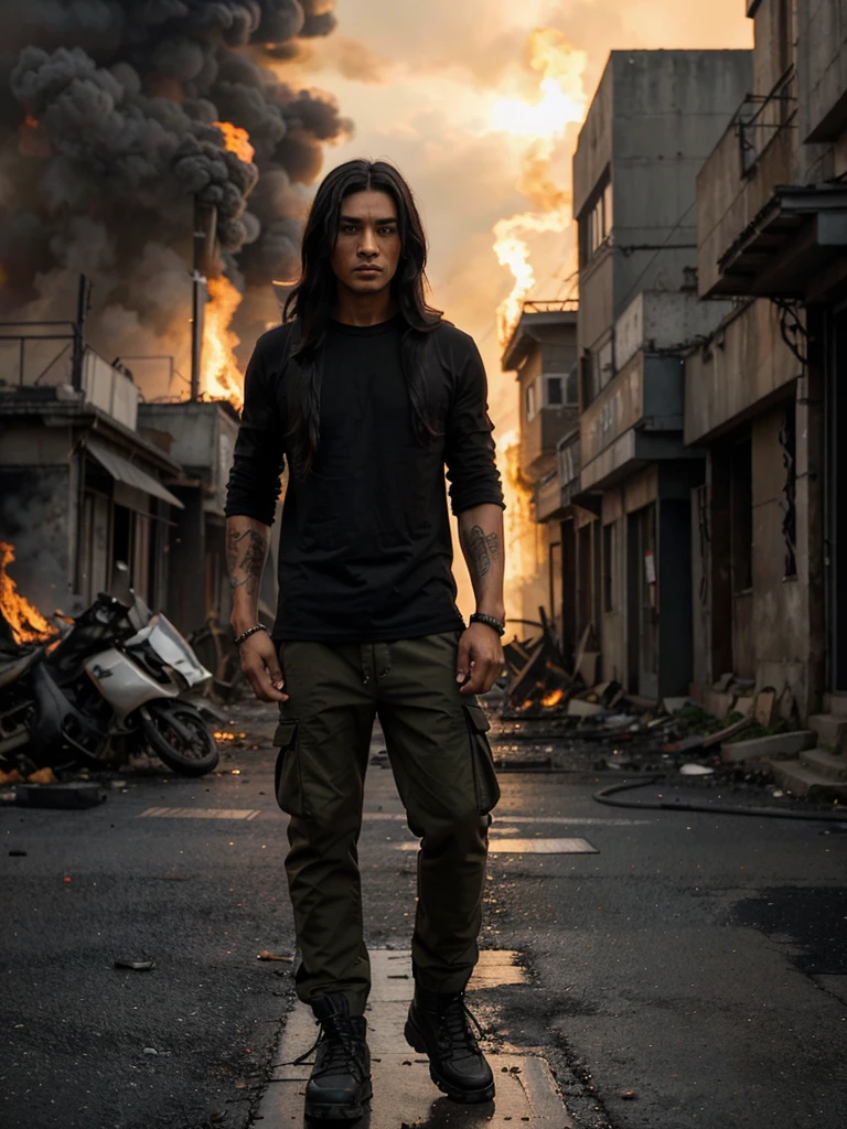 An Indonesian male model with an edgy style, black curly long hair pulled into a ponytail, wearing a plain black shirt, the word "LOGIKA" on the shirt and khaki colored cargo pants, khaki army boots. He sat holding a sword in the middle of a burning and destroyed street. The background shows burning buildings with blazing flames, creating an apocalyptic atmosphere. Dramatic lighting illuminates her face while the flames illuminate the background, providing a strong contrast. His expression is intense and serious, looking directly at the camera.