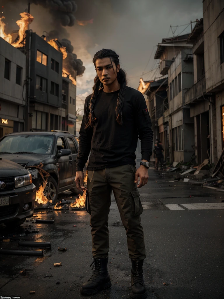 An Indonesian male model with an edgy style, black curly long hair pulled into a ponytail, wearing a plain black shirt, the word "LOGIKA" on the shirt and khaki colored cargo pants, khaki army boots. He sat holding a sword in the middle of a burning and destroyed street. The background shows burning buildings with blazing flames, creating an apocalyptic atmosphere. Dramatic lighting illuminates her face while the flames illuminate the background, providing a strong contrast. His expression is intense and serious, looking directly at the camera.