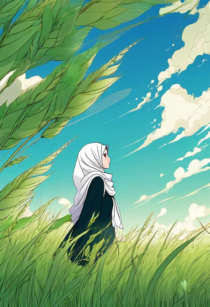  beautiful hijab woman under the blue sky and green grassland, manga style,