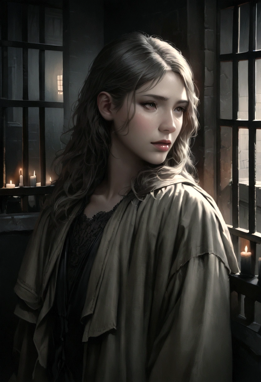 a young remus john lupin trapped in a cage in the great hall of hogwarts castle, detailed realistic portrait, intricate details, dramatic lighting, somber mood, muted color palette, (best quality,4k,8k,highres,masterpiece:1.2),ultra-detailed,(realistic,photorealistic,photo-realistic:1.37),cinematic composition,chiaroscuro lighting,highly detailed facial features,expressive eyes,defined facial structure,worn clothing,iron bars,stone walls,candles,dramatic shadows,muted color tones,moody atmosphere